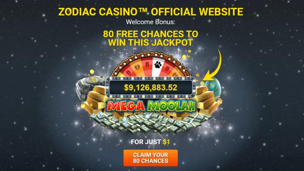 Zodiac Casino $1 Mega Moolah 80 free spins offer